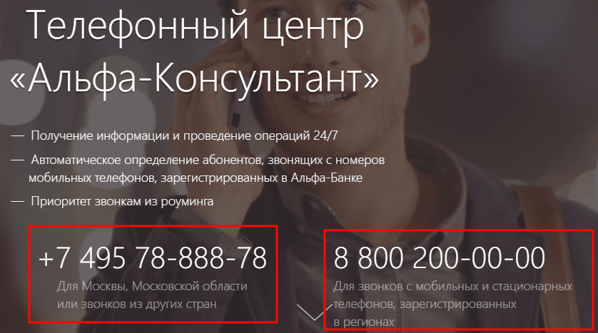 Телефоны горячей линии Альфа Банка в Москве и регионах для частных клиентов